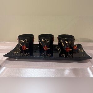 Vintage Glass Bar Set Tray with 3 Shot Glass Red Rhinestone Gold Floral Accents